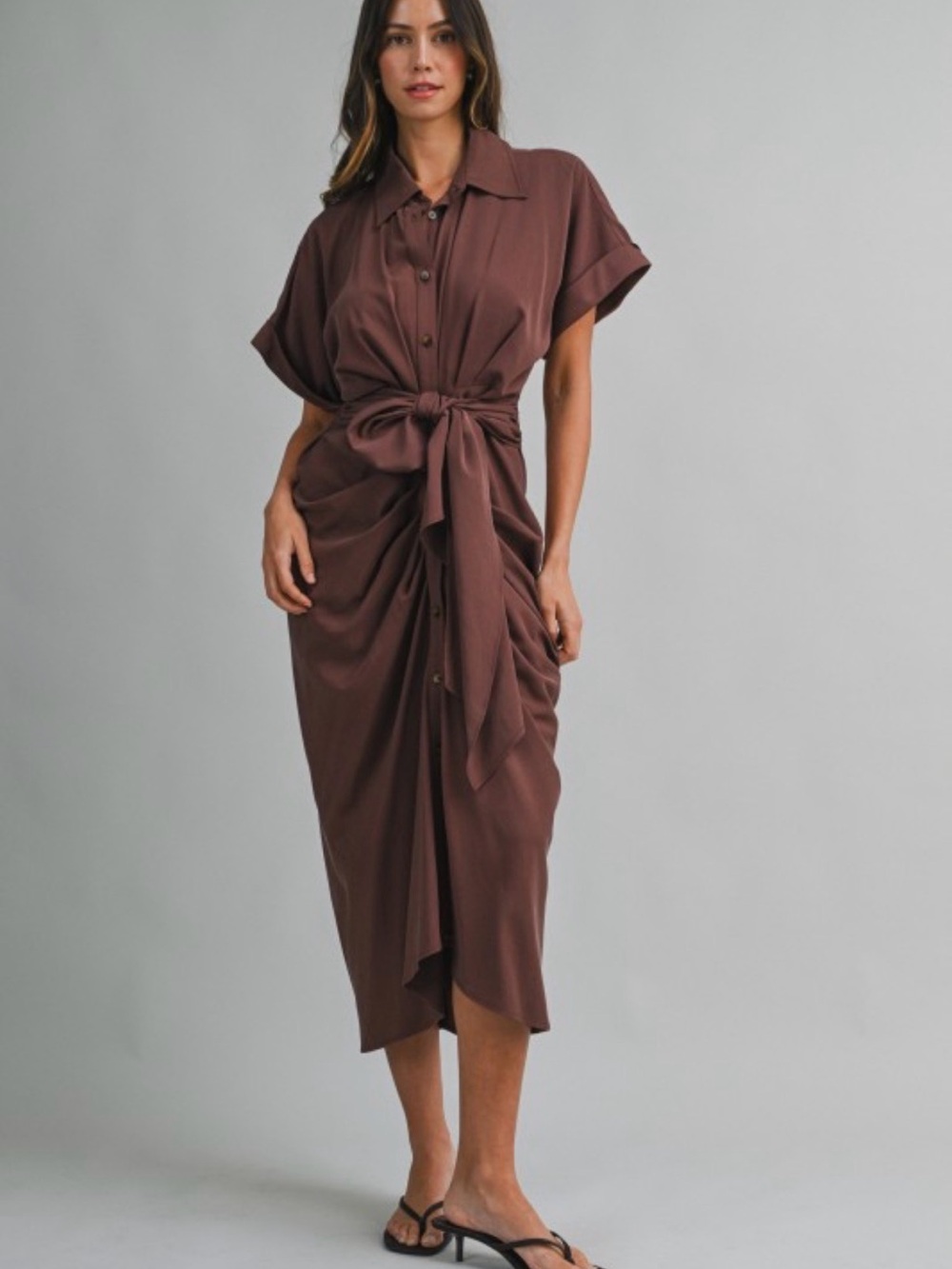 A706. Mable Tie-Waist Shirt Dress in Chocolate Brown - Picture 3 of 7